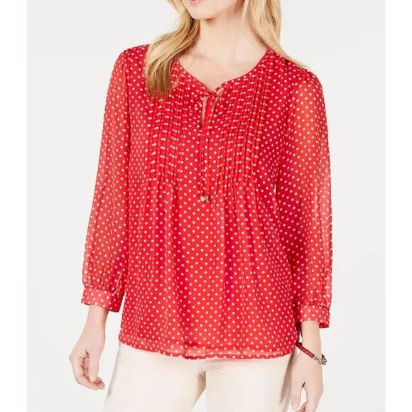 Tommy‎ Hilfiger Top Women's Small Red Polka Dots Long Sleeve Chiffon Pintuck - Picture 1 of 14